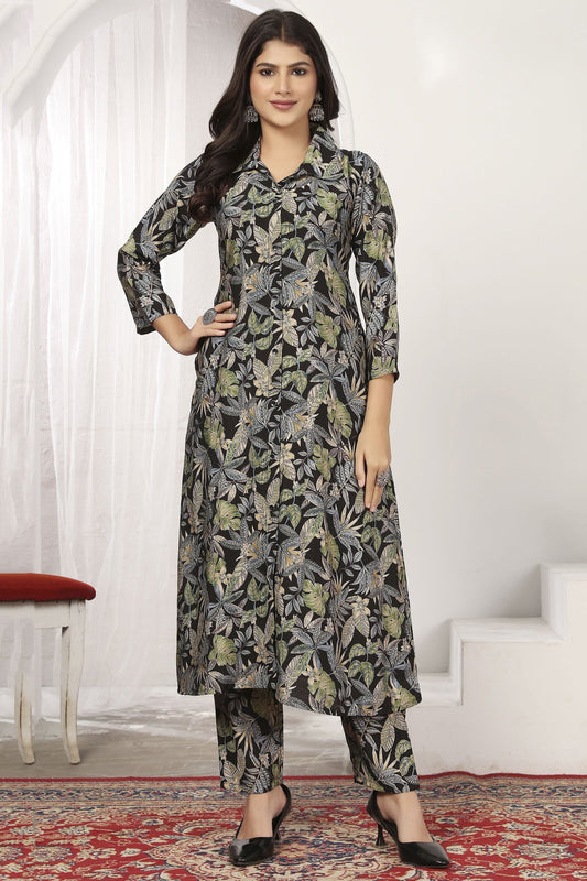 Beloved Black Floral Printed Chanderi Casual Wear Kurti With Pant