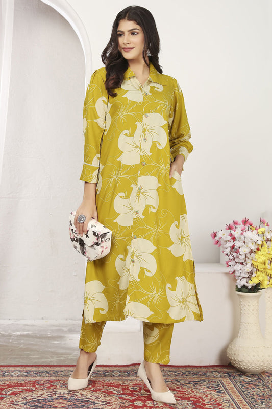 Fabulous Mustard Yellow Floral Printed Rayon Kurti With Pant