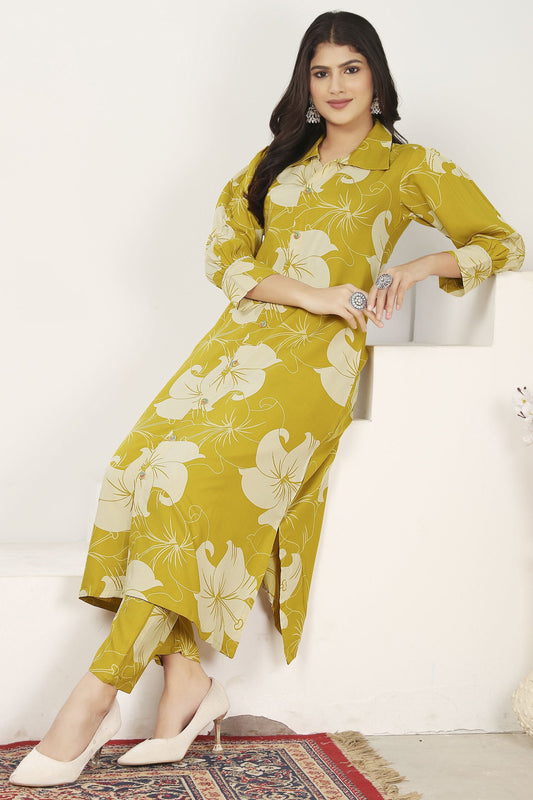 Fabulous Mustard Yellow Floral Printed Rayon Kurti With Pant