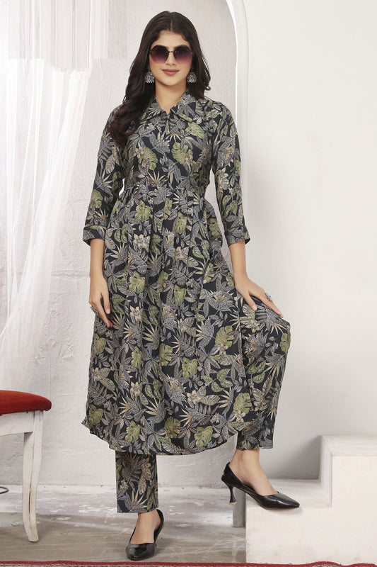 Attractive Navy Blue Digital Printed Rayon Casual Wear Kurti With Pant