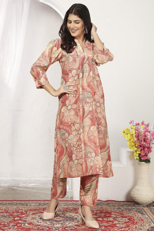 Stunning Peach Floral Printed Chanderi Traditional Kurti With Pant