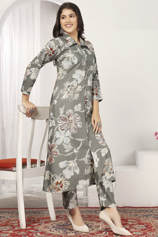 Captivating Grey Floral Printed Rayon Event Wear Kurti With Pant