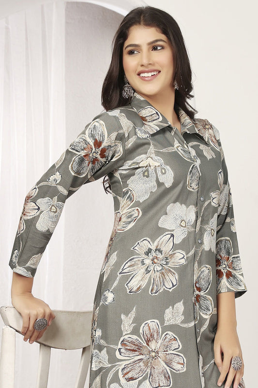 Captivating Grey Floral Printed Rayon Event Wear Kurti With Pant