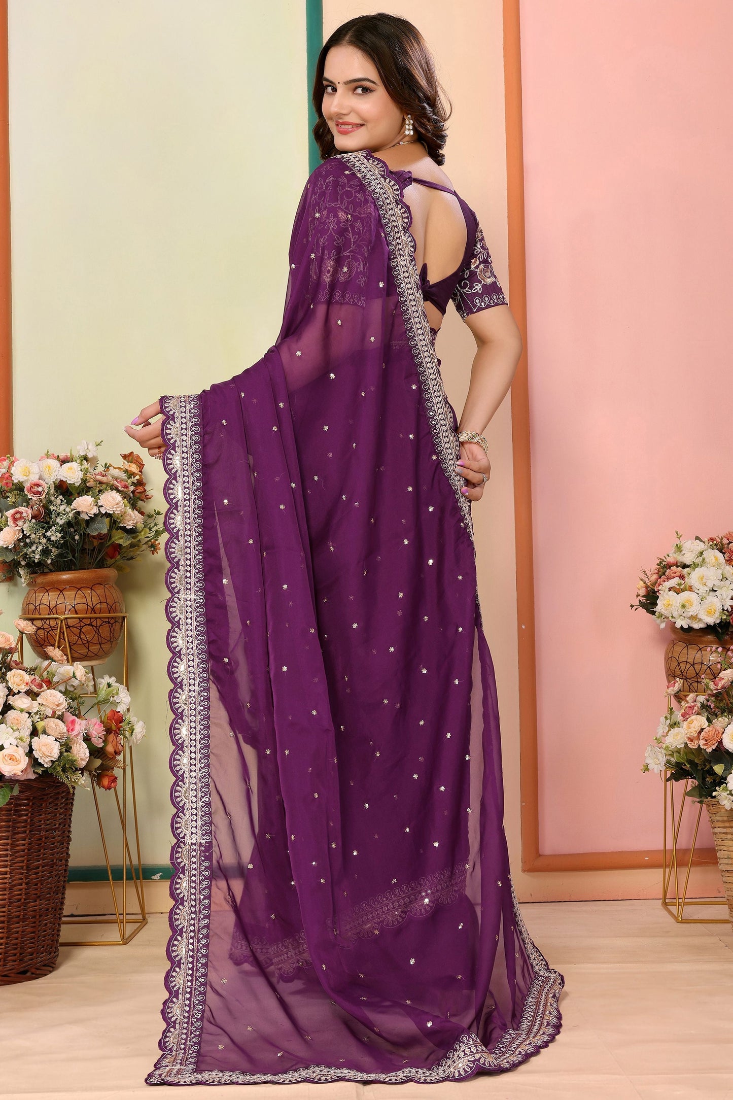 Alluring Wine Zari Embroidered Organza Party Wear Saree With Blouse