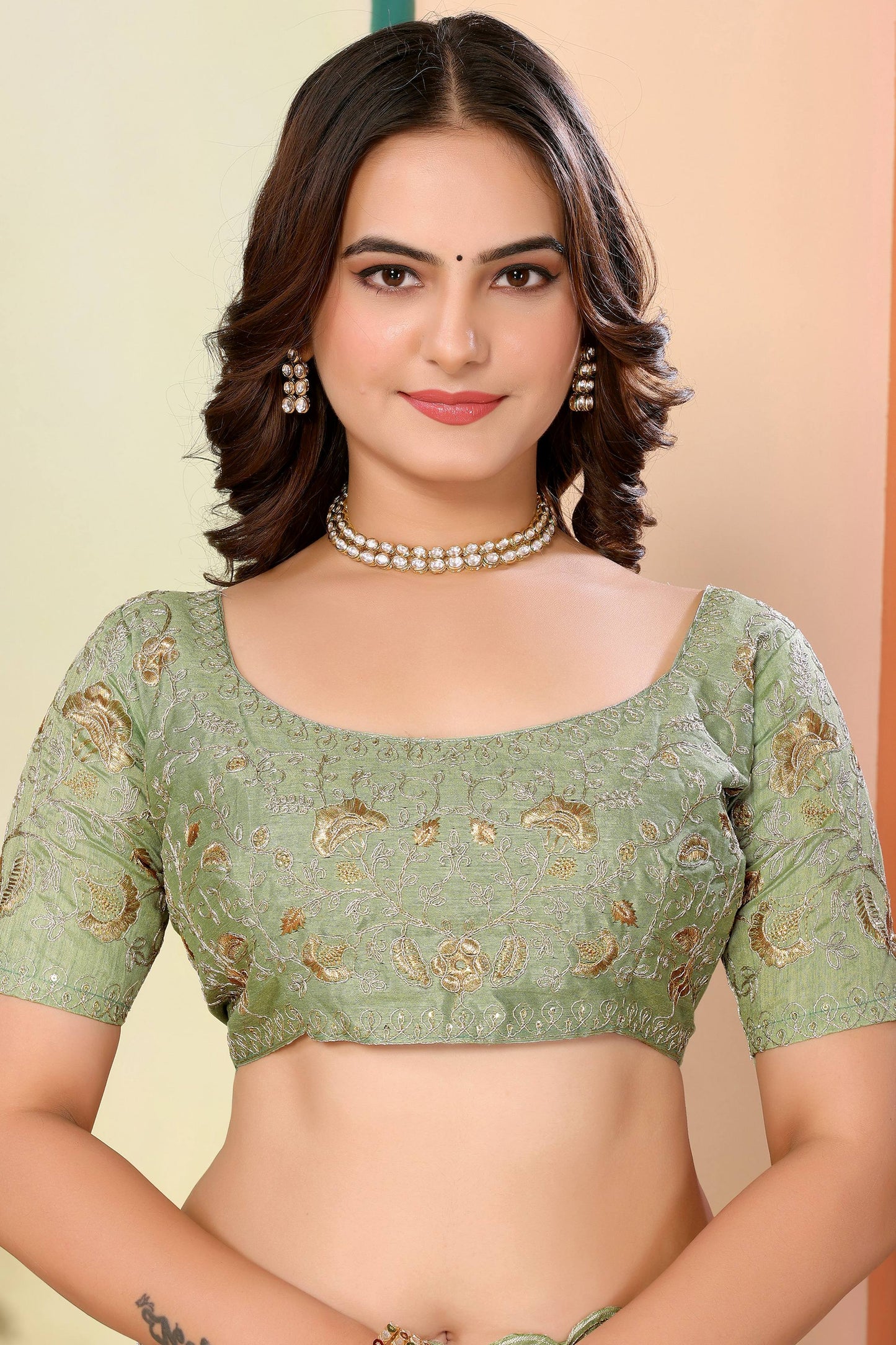 Pretty Pista Green Embroidered Festival Wear Saree With Blouse