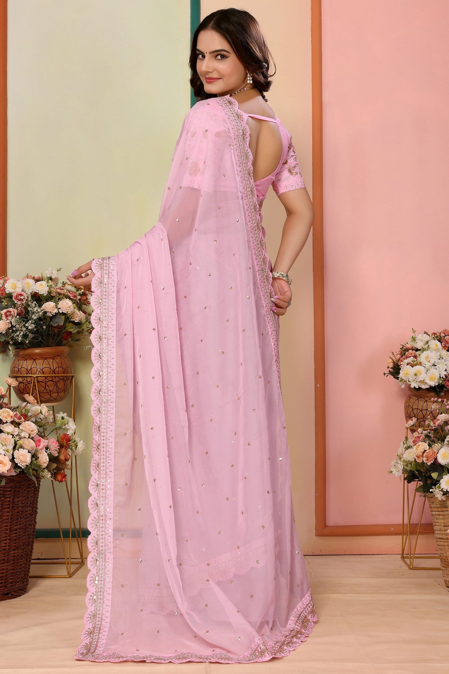 Gorgeous Baby Pink Sequins Organza Event Wear Saree With Blouse