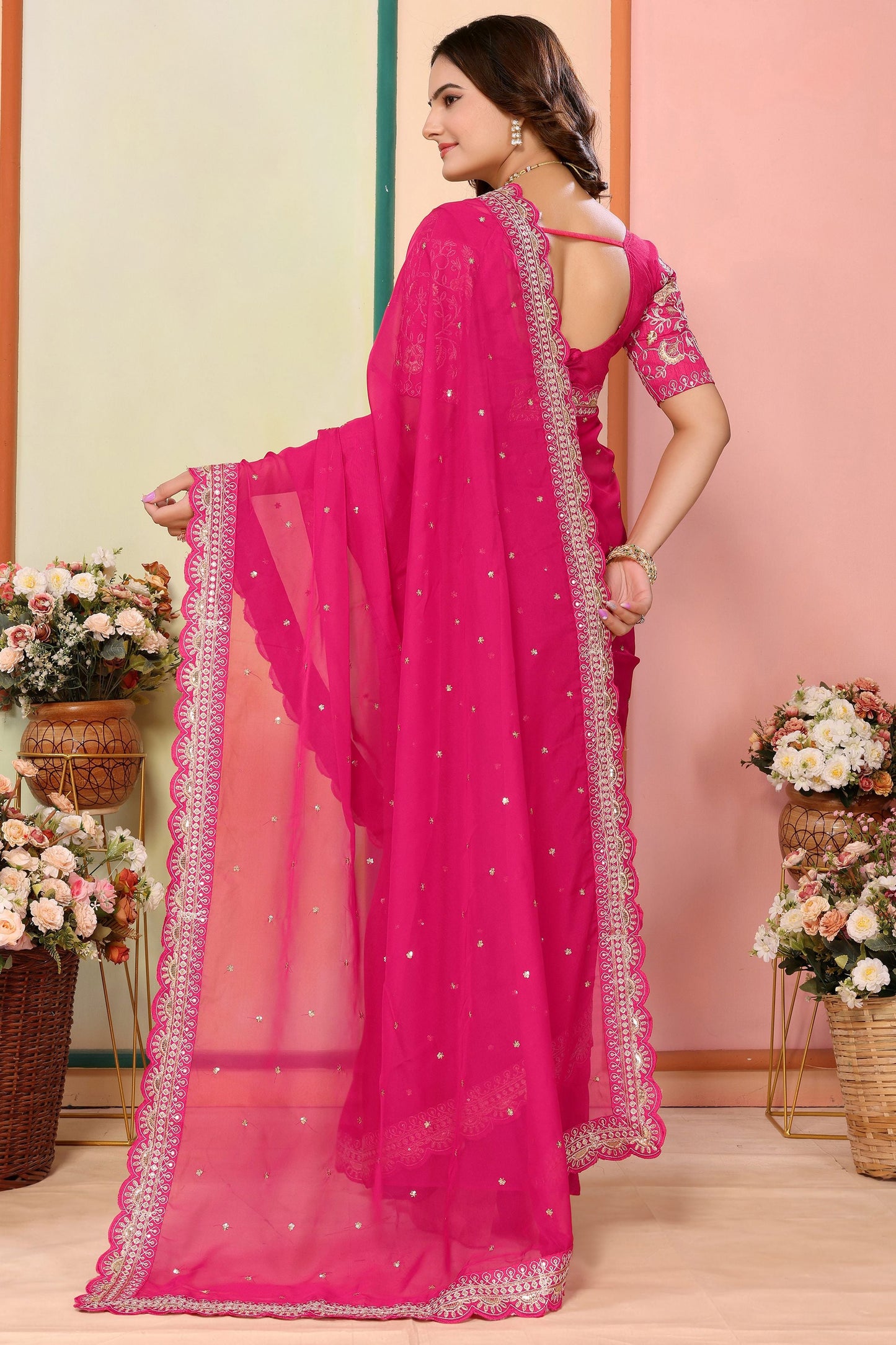 Beautiful Hot Pink Embroidered Organza Engagement Wear Saree