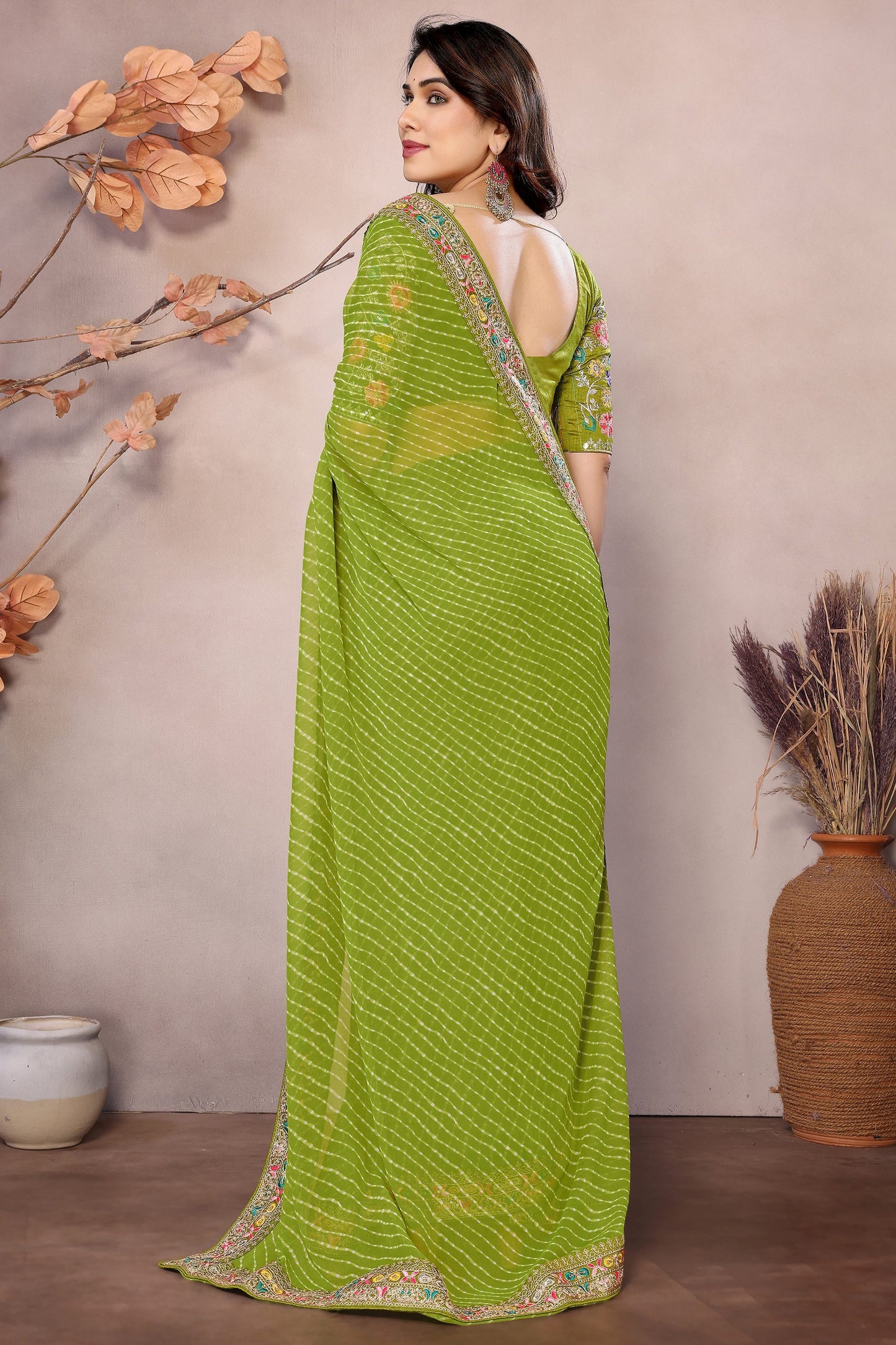 Cute Parrot Green Printed Georgette Event Wear Saree With Blouse