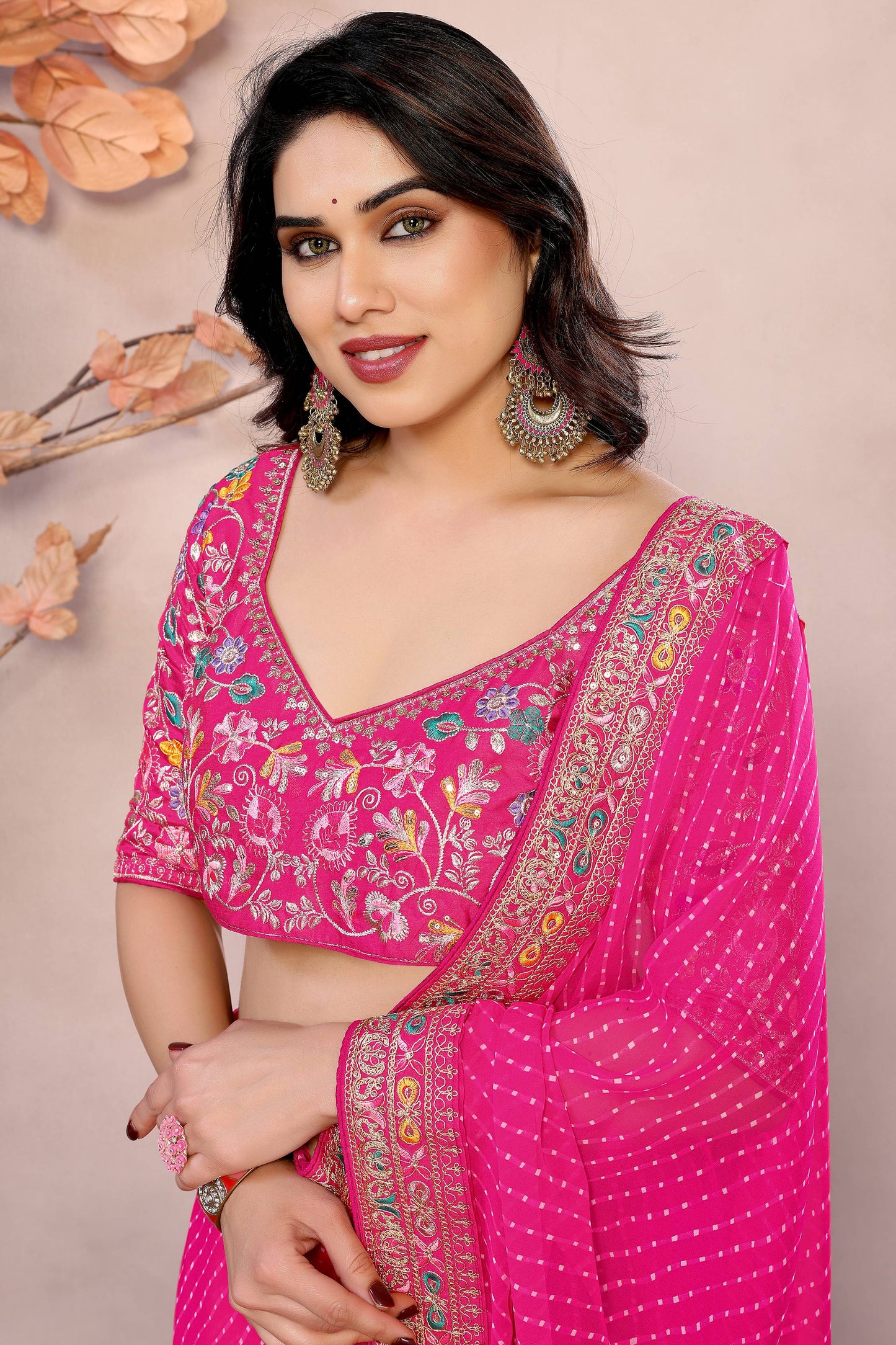 Charming Rani Pink Embroidered Georgette Festival Wear Saree