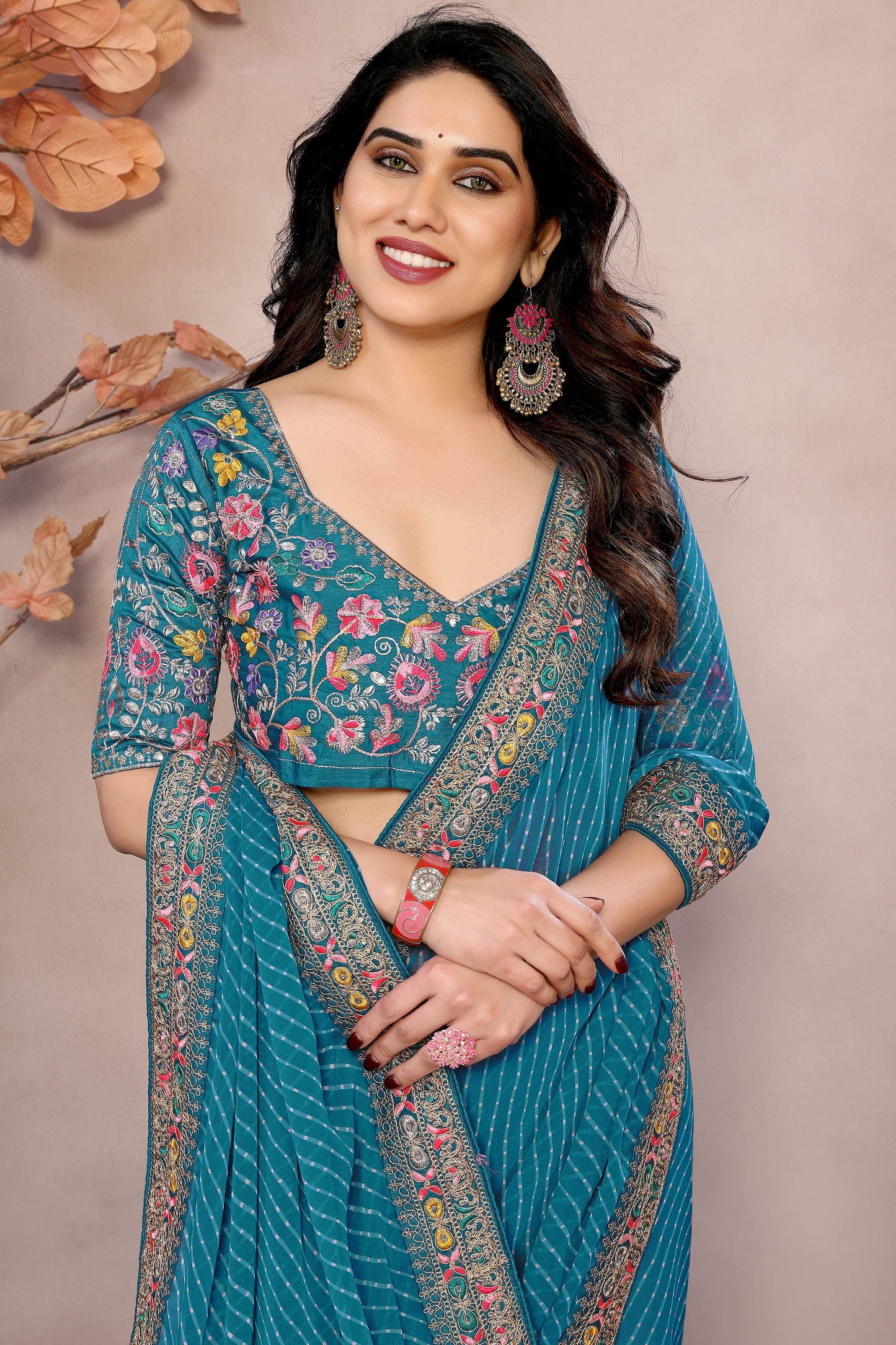 Classy Teal Blue Printed Georgette Wedding Saree With Blouse