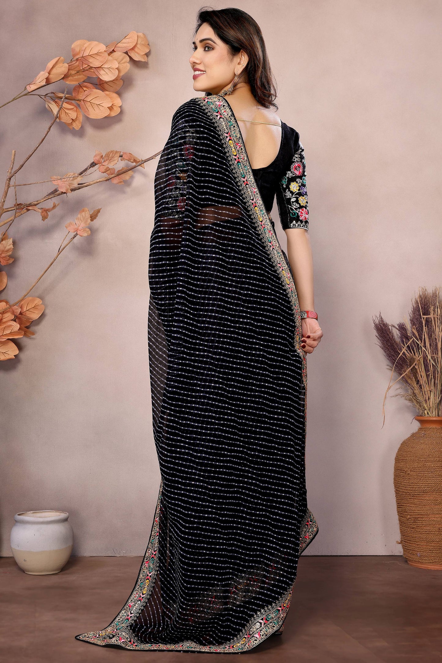 Trendy Black Leheriya Printed Georgette Party Wear Saree With Blouse