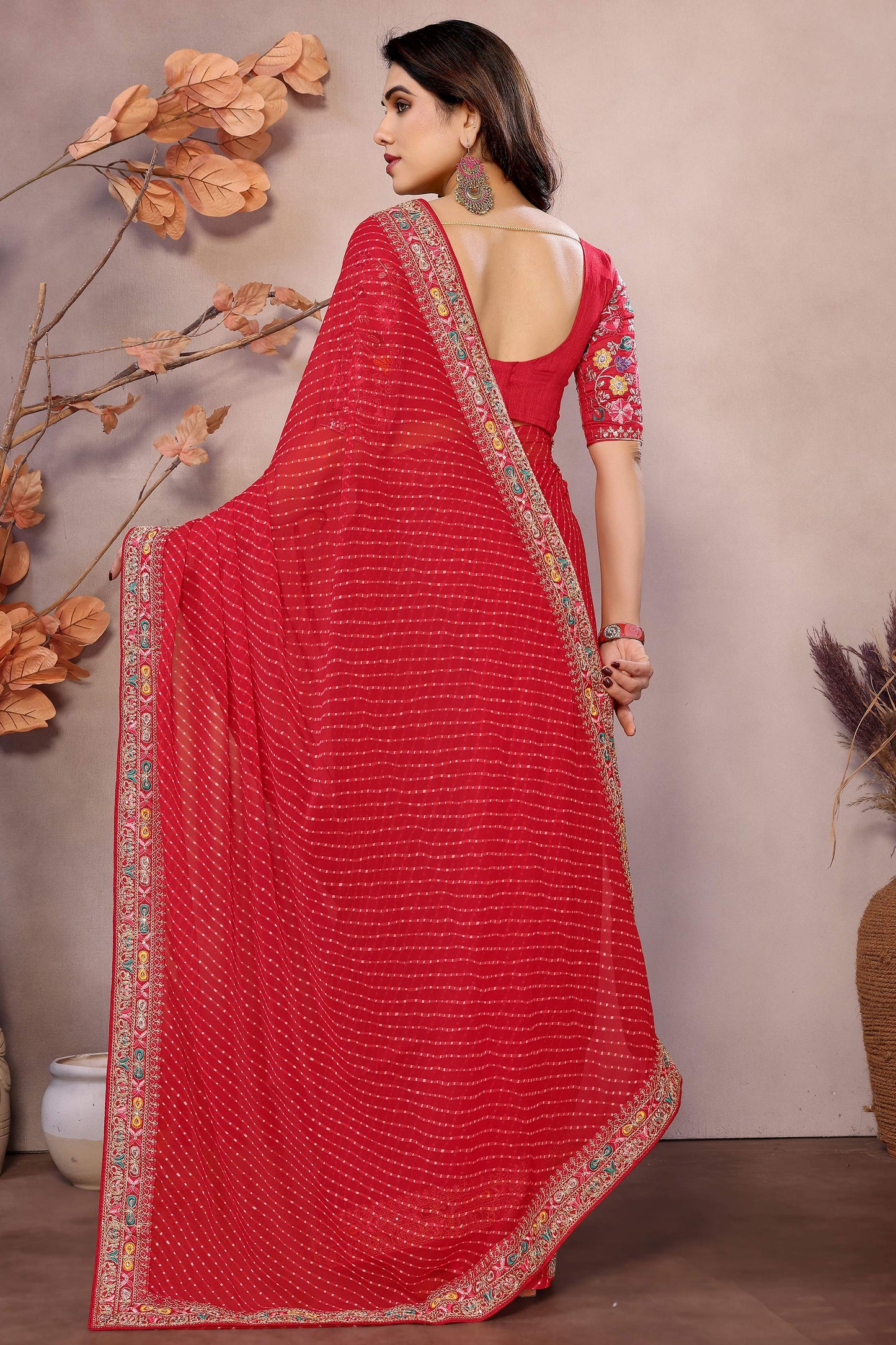 Graceful Red Embroidered Georgette Festival Wear Saree With Blouse