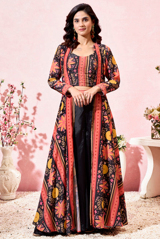 Special Black Printed Crepe Party Wear Crop Top Palazzo With Shrug