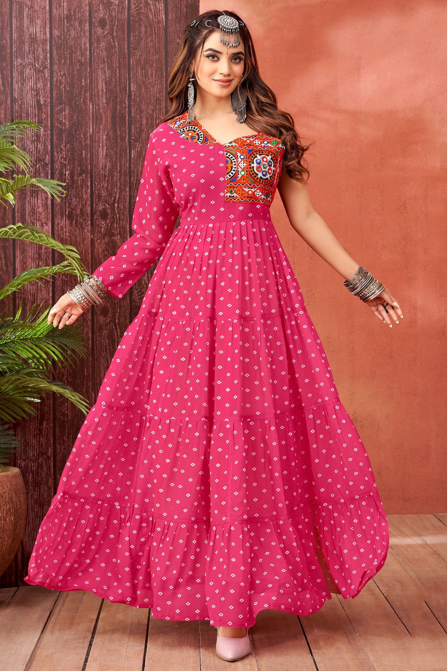 Alluring Pink Bandhani Printed Georgette Navratri Special Gown