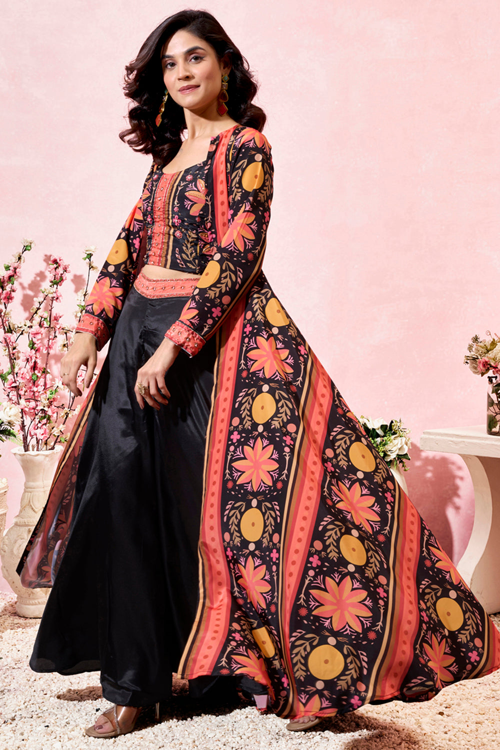 Special Black Printed Crepe Party Wear Crop Top Palazzo With Shrug