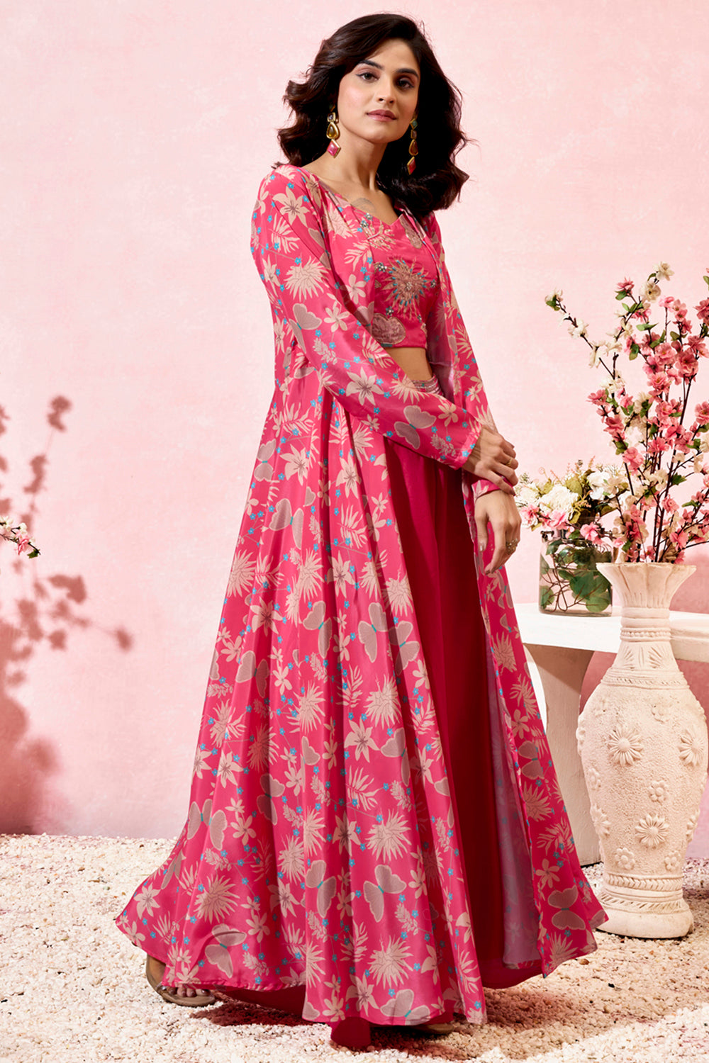 Amazing Pink Printed Crepe Event Wear Crop Top Palazzo With Shrug