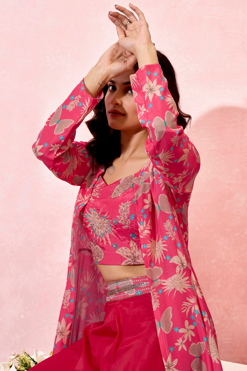 Amazing Pink Printed Crepe Event Wear Crop Top Palazzo With Shrug