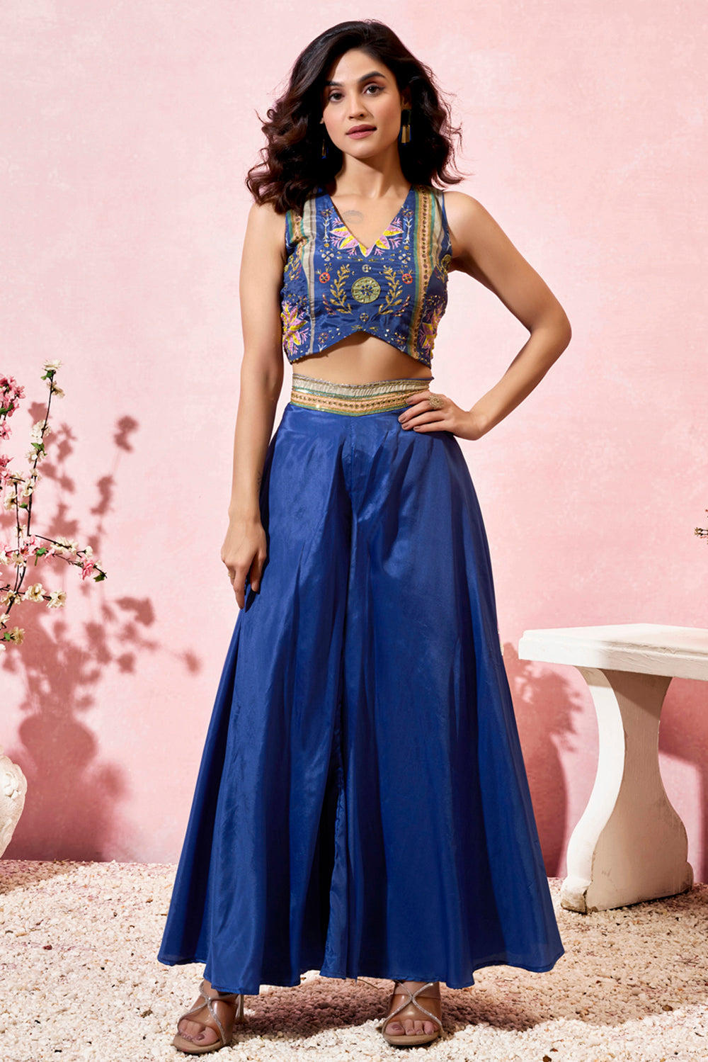 Fabulous Blue Printed Crepe Designer Crop Top Palazzo With Shrug