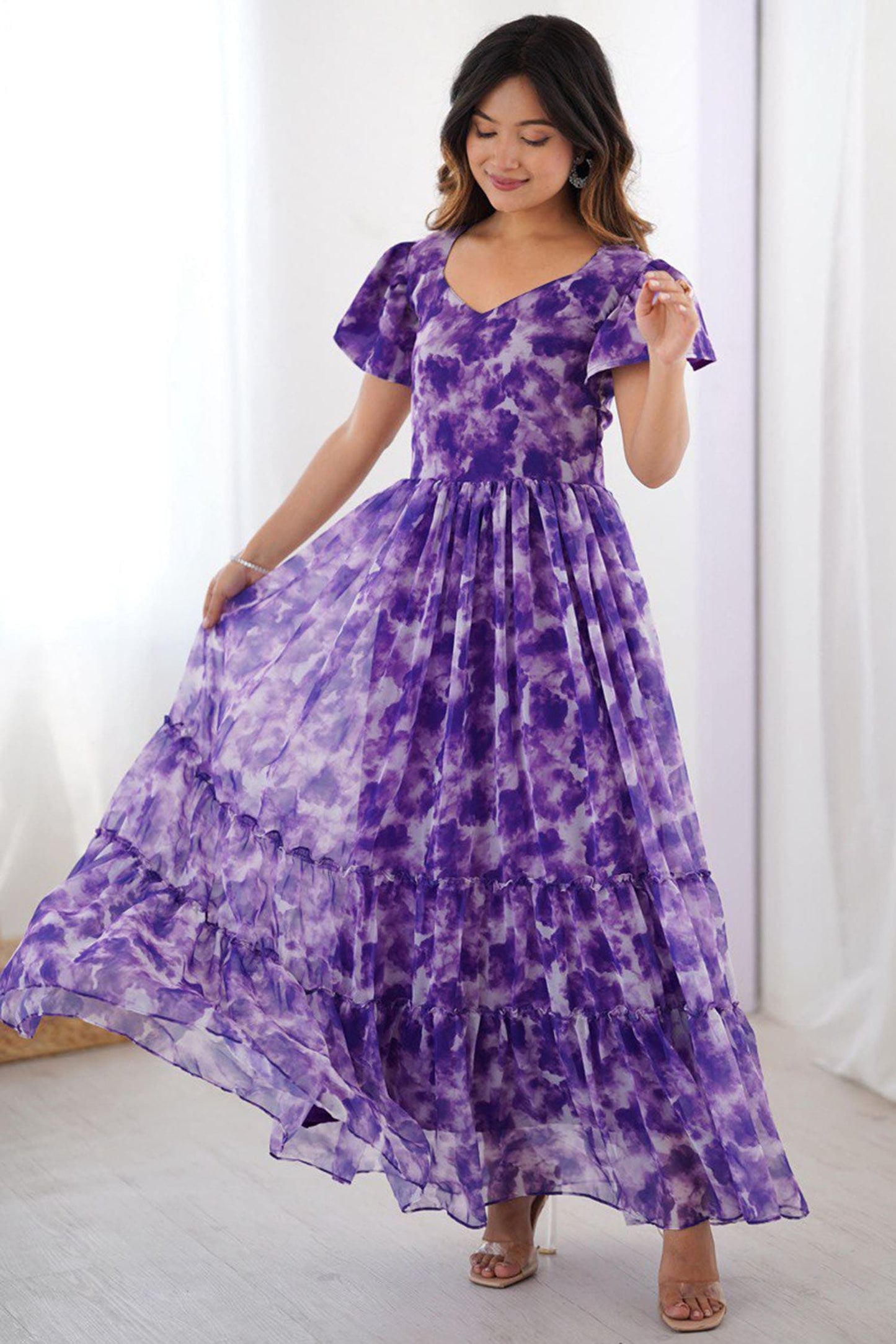 Outstanding Purple Printed Georgette Casual Wear Dress