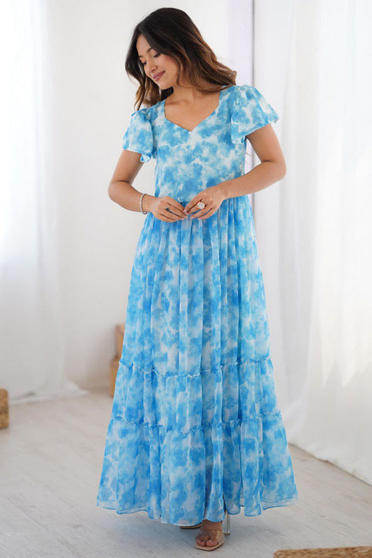 Awesome Sky-Blue Printed Georgette Casual Wear Dress
