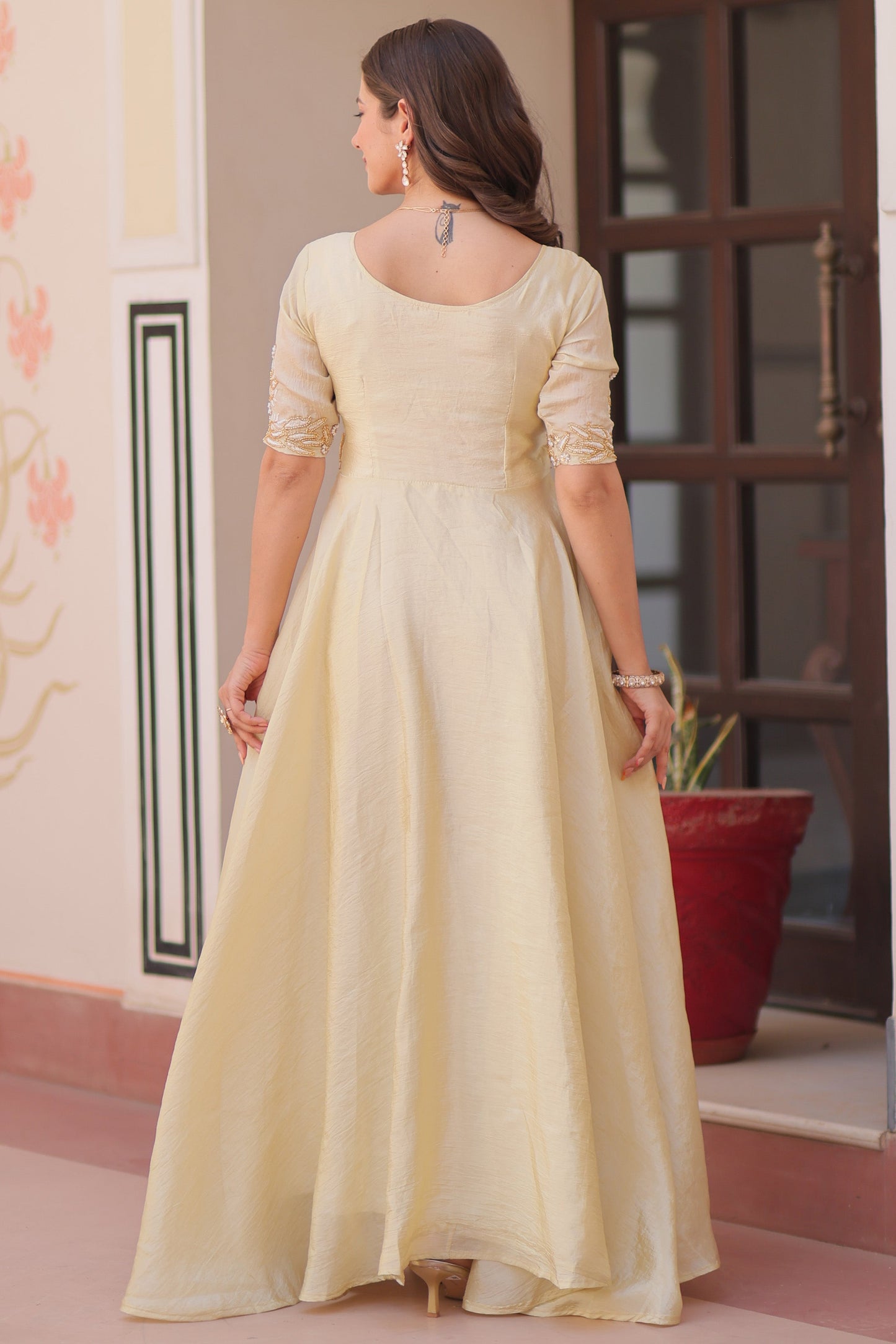 Stunning Cream Beads Work Organza Event Wear Gown