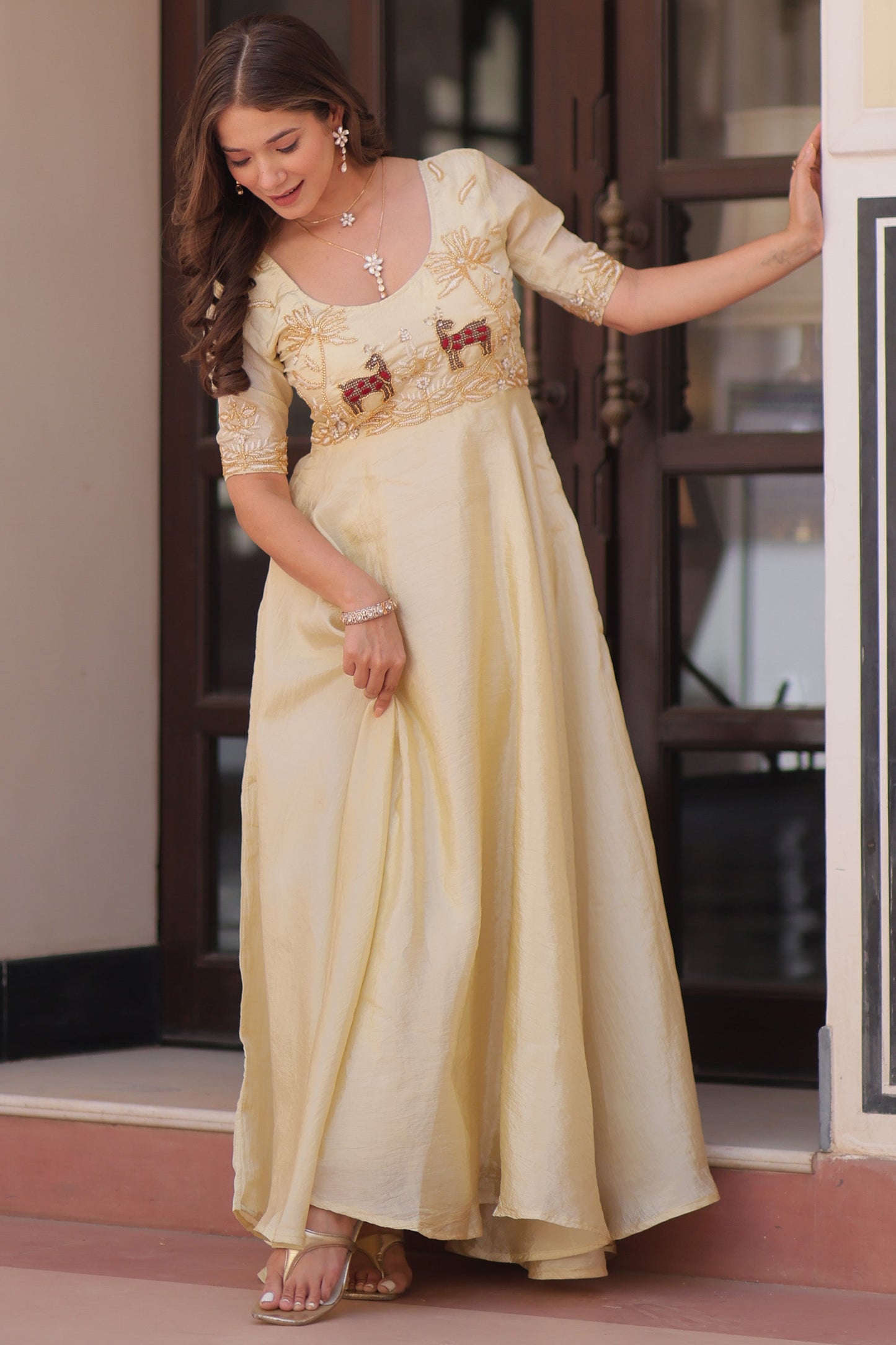 Stunning Cream Beads Work Organza Event Wear Gown