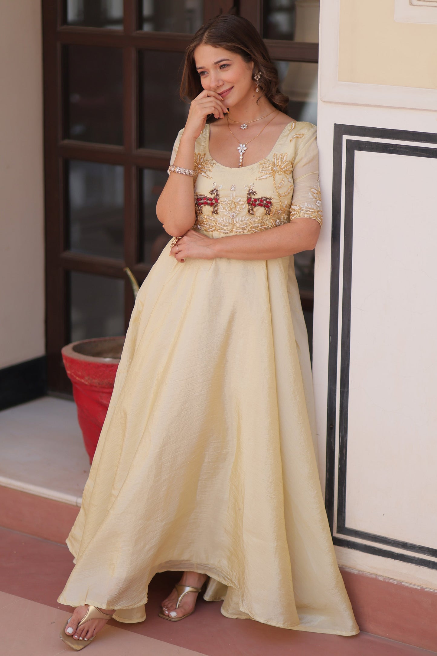 Stunning Cream Beads Work Organza Event Wear Gown