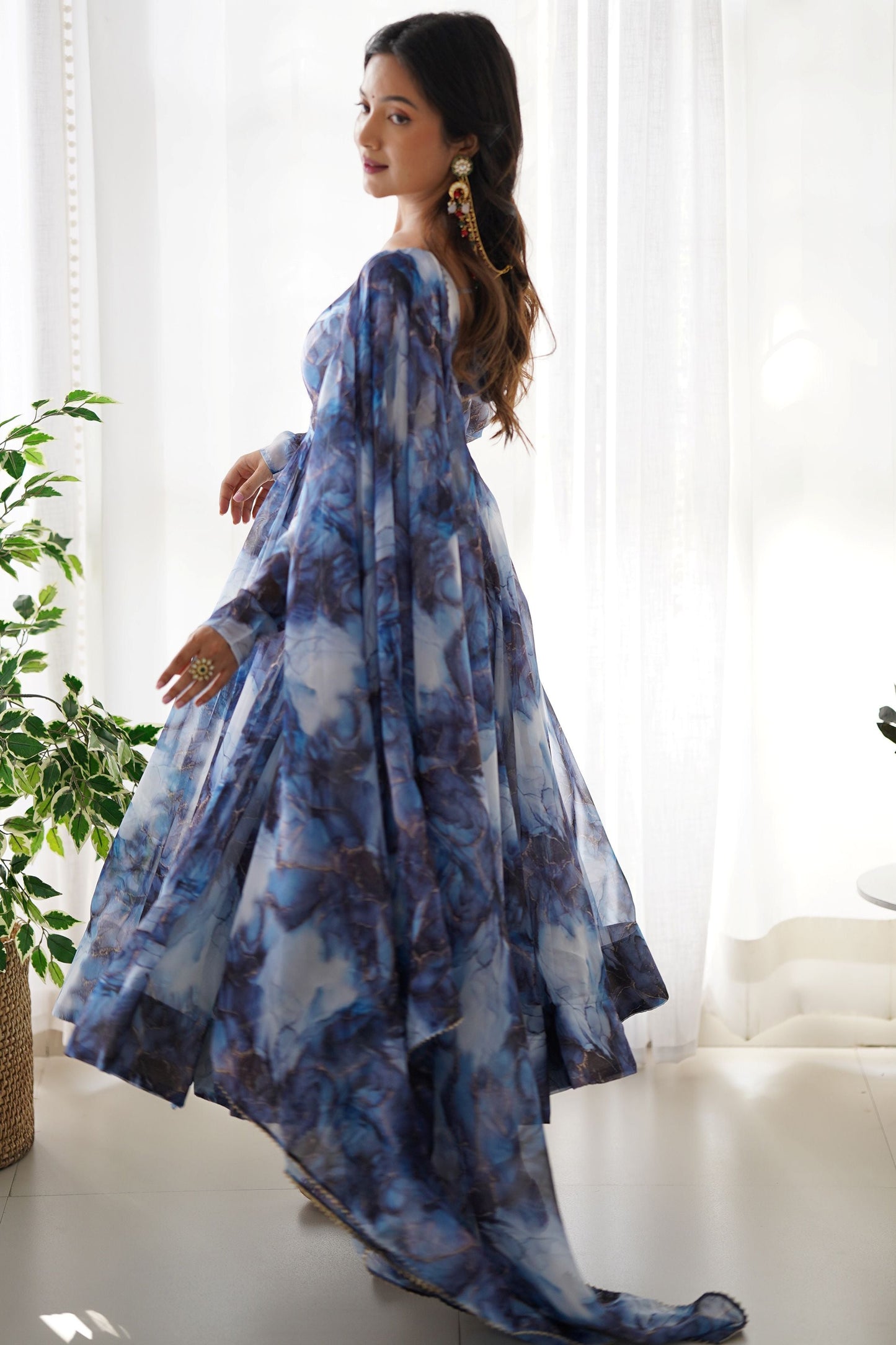 Spectacular Navy Blue Digital Printed Organza Event Wear Anarkali Suit
