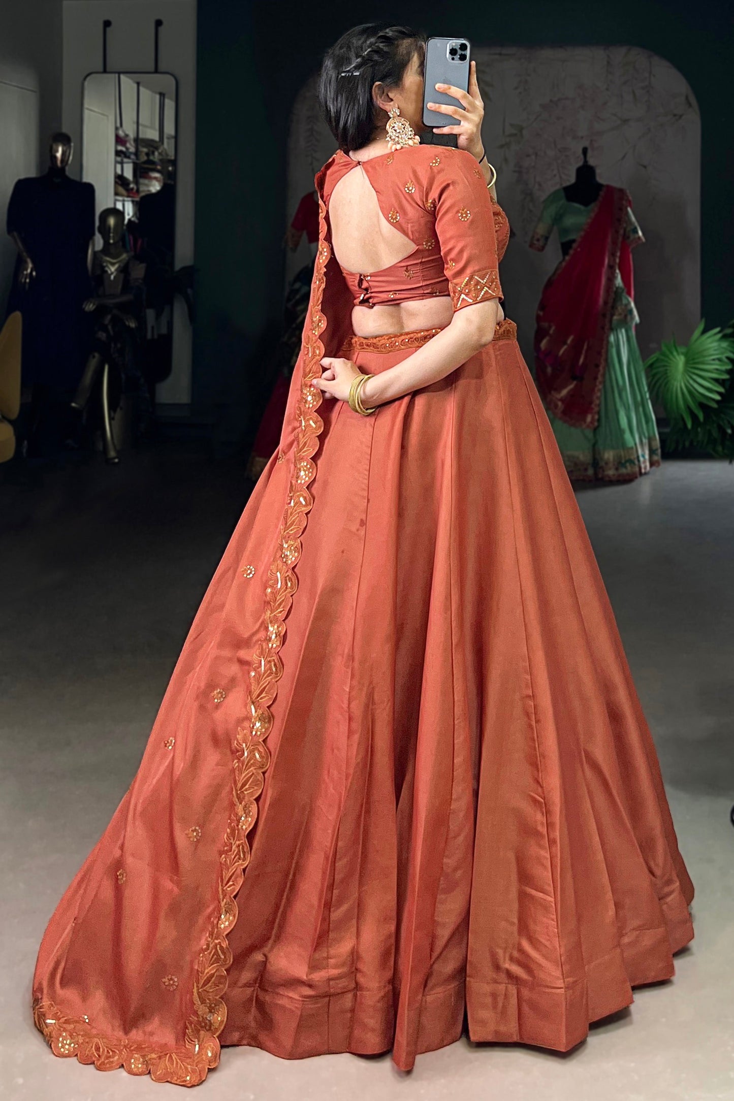 Adorable Orange Thread Embroidered Silk Sangeet Wear Lehenga Choli