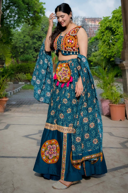 Dazzling Blue Bandhani Printed Navratri Lehenga Choli With Dupatta