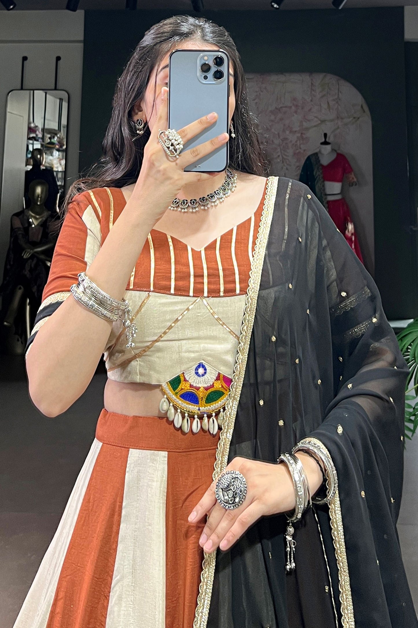 Astonishing Brown Chinon Navratri Wear Lehenga Choli With Dupatta