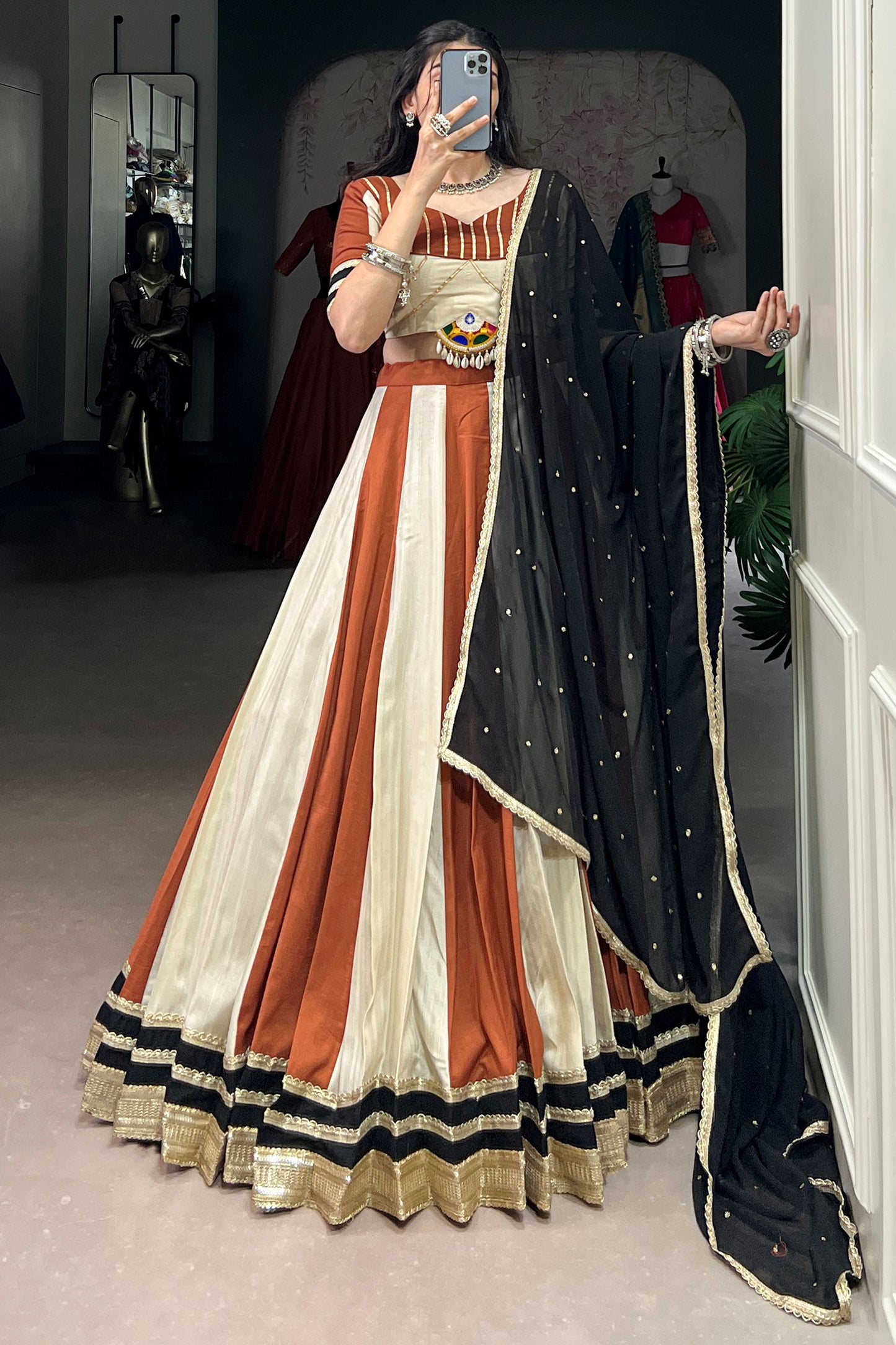 Astonishing Brown Chinon Navratri Wear Lehenga Choli With Dupatta