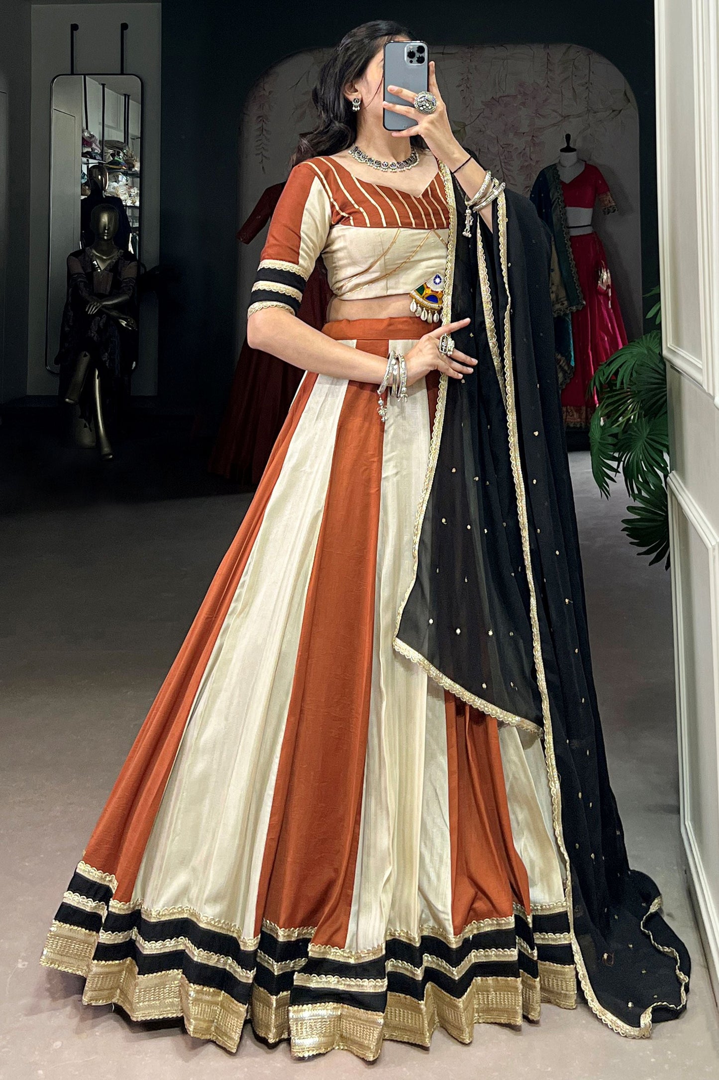Astonishing Brown Chinon Navratri Wear Lehenga Choli With Dupatta
