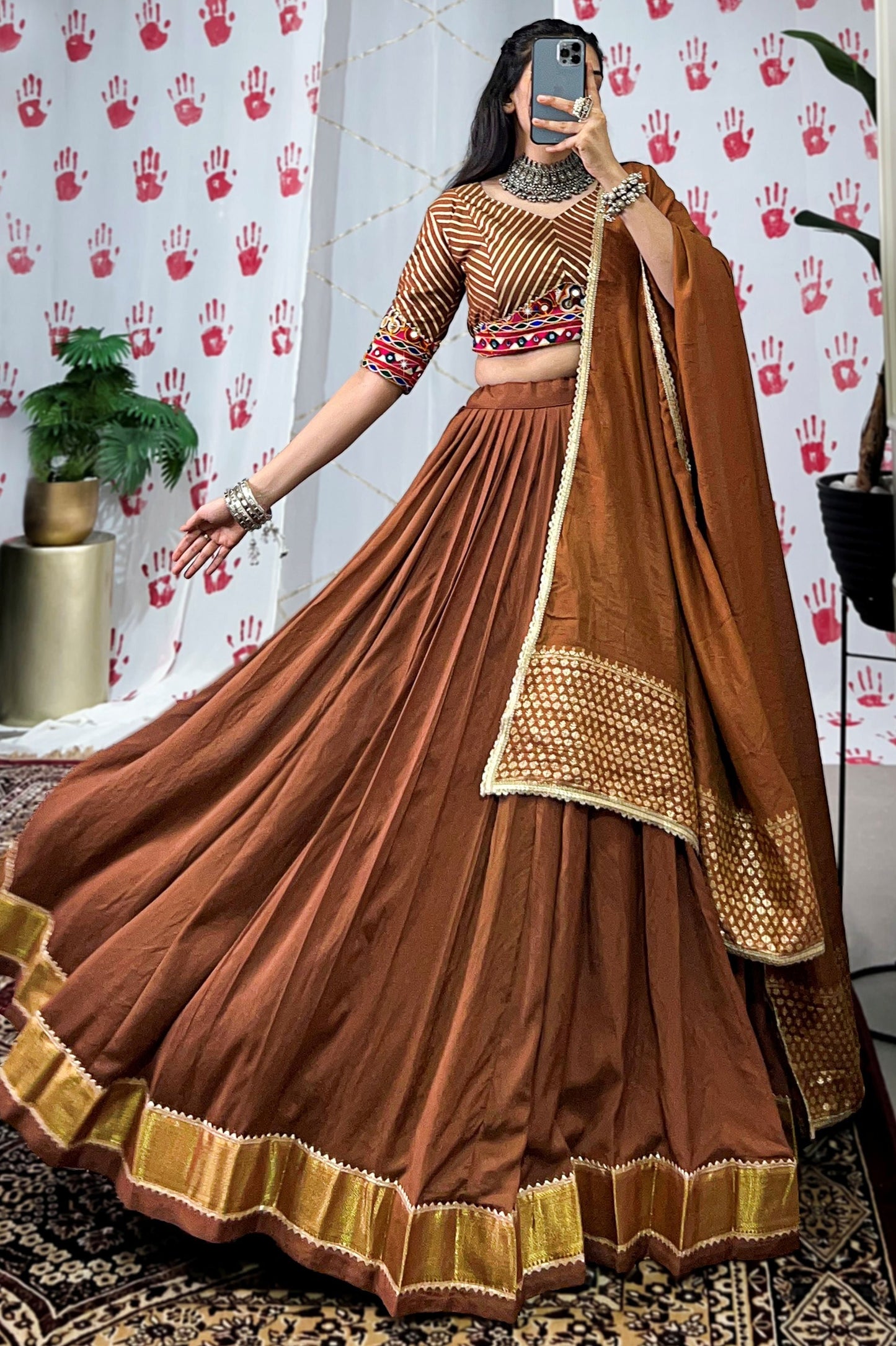 Adorable Brown Chanderi Navratri Special Lehenga Choli With Dupatta