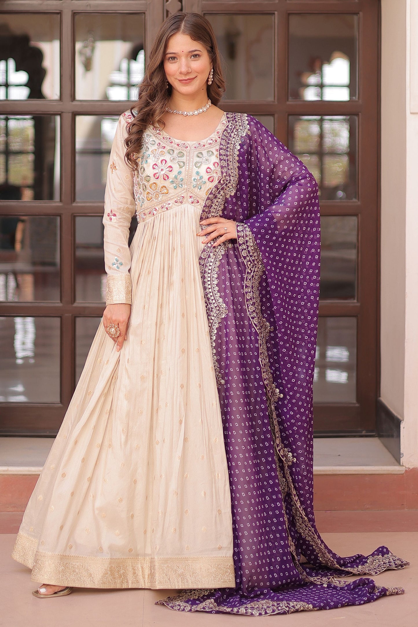 Dazzling Off-White Zari Weaving Silk Festival Wear Gown With Dupatta
