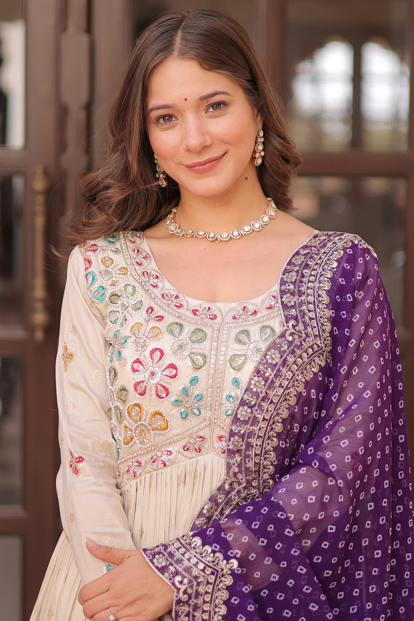 Dazzling Off-White Zari Weaving Silk Festival Wear Gown With Dupatta