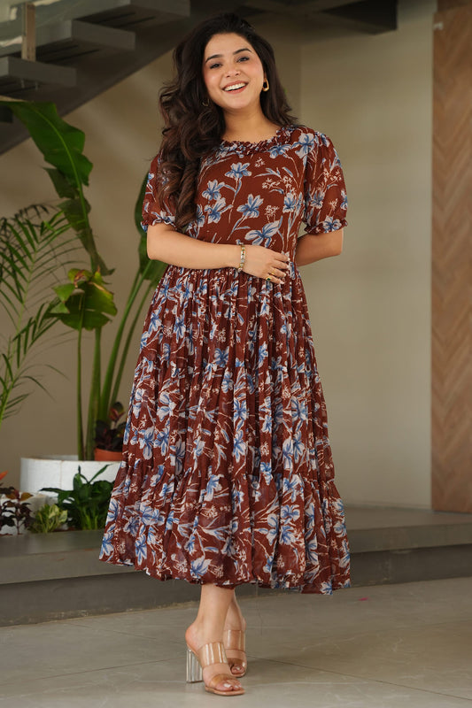 Ravishing Brown Floral Printed Georgette Casual Wear Dress