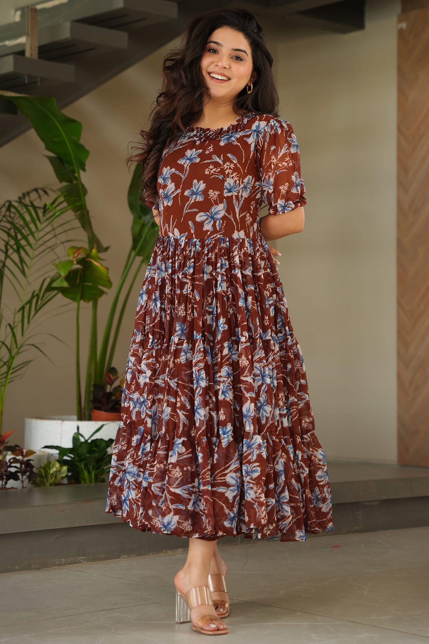 Ravishing Brown Floral Printed Georgette Casual Wear Dress