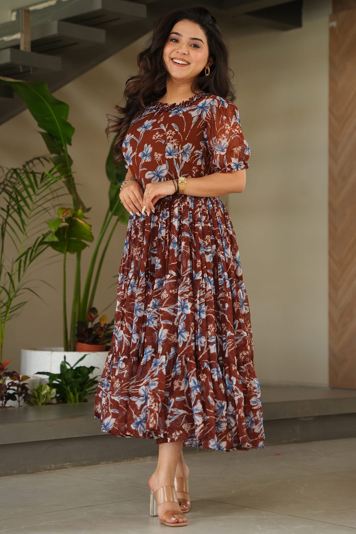 Ravishing Brown Floral Printed Georgette Casual Wear Dress