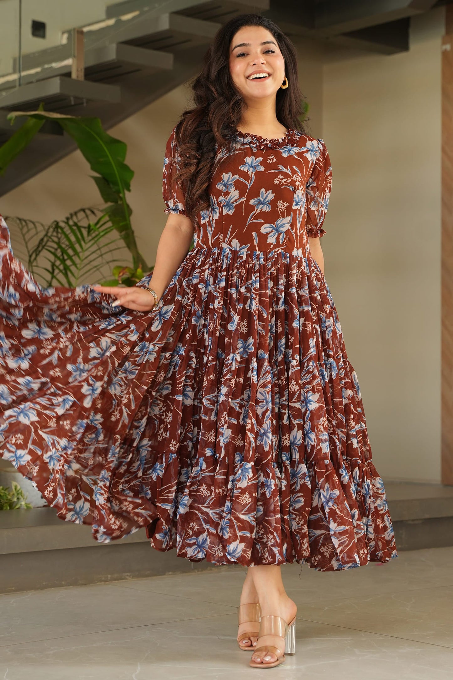 Ravishing Brown Floral Printed Georgette Casual Wear Dress