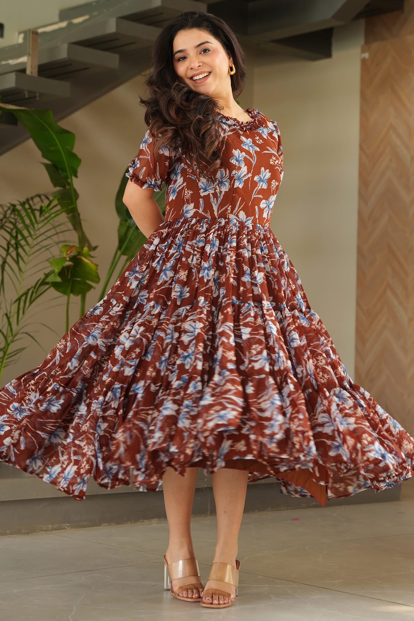 Ravishing Brown Floral Printed Georgette Casual Wear Dress