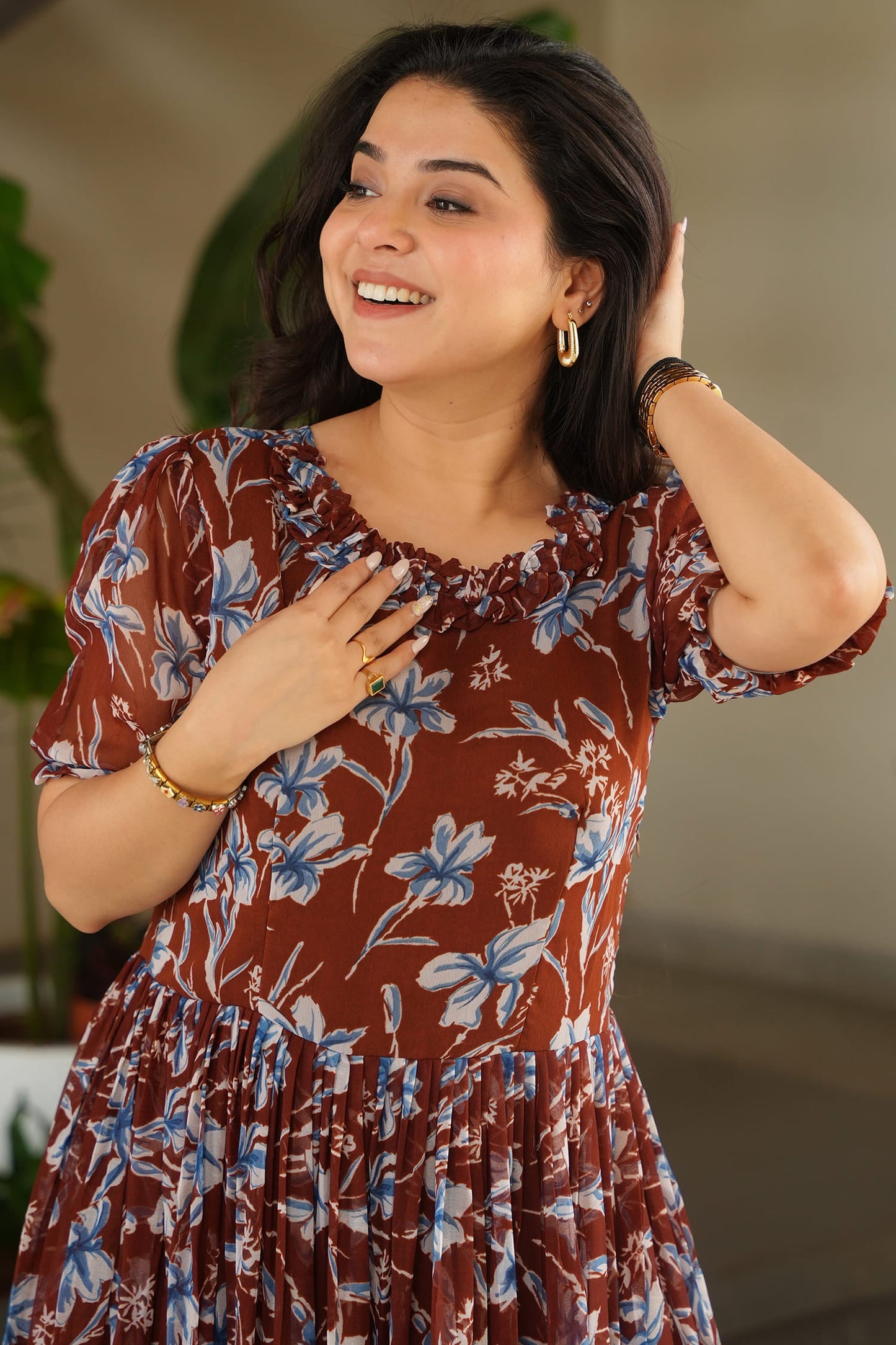 Ravishing Brown Floral Printed Georgette Casual Wear Dress
