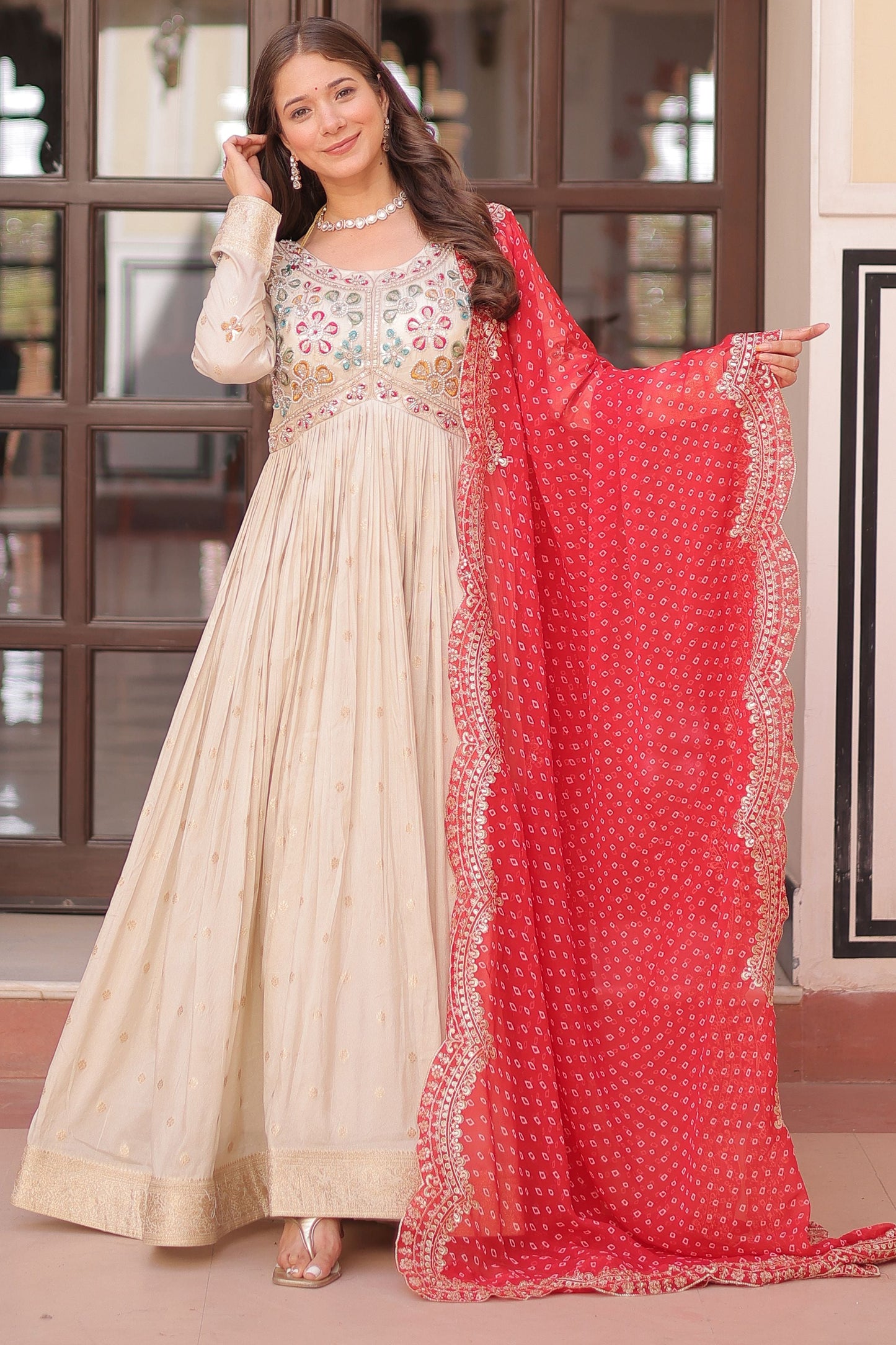 Spectacular Off-White Beads Work Silk Traditional Gown With Dupatta