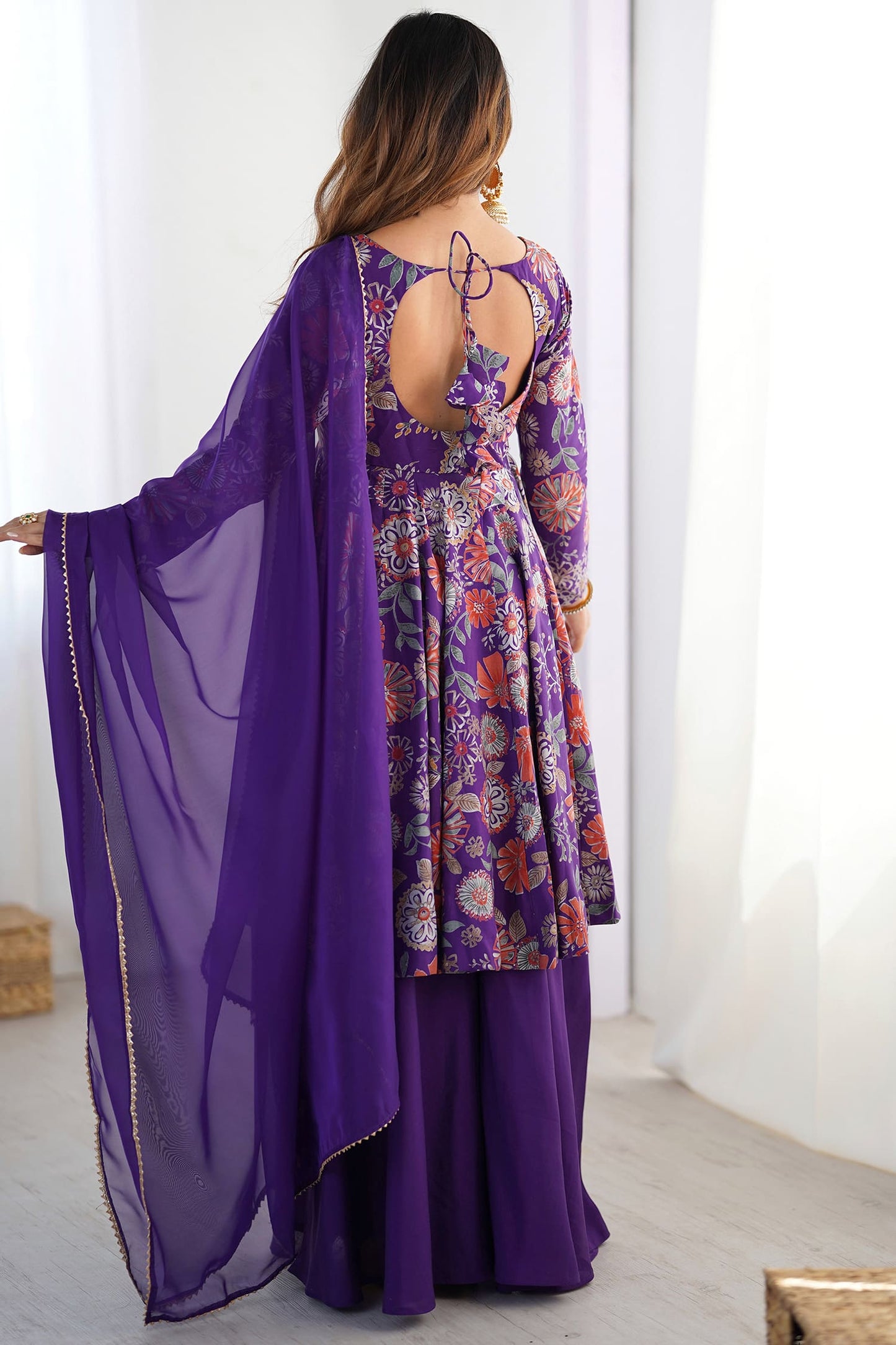 Dazzling Purple Printed Silk Festive Wear Palazzo Suit With Dupatta