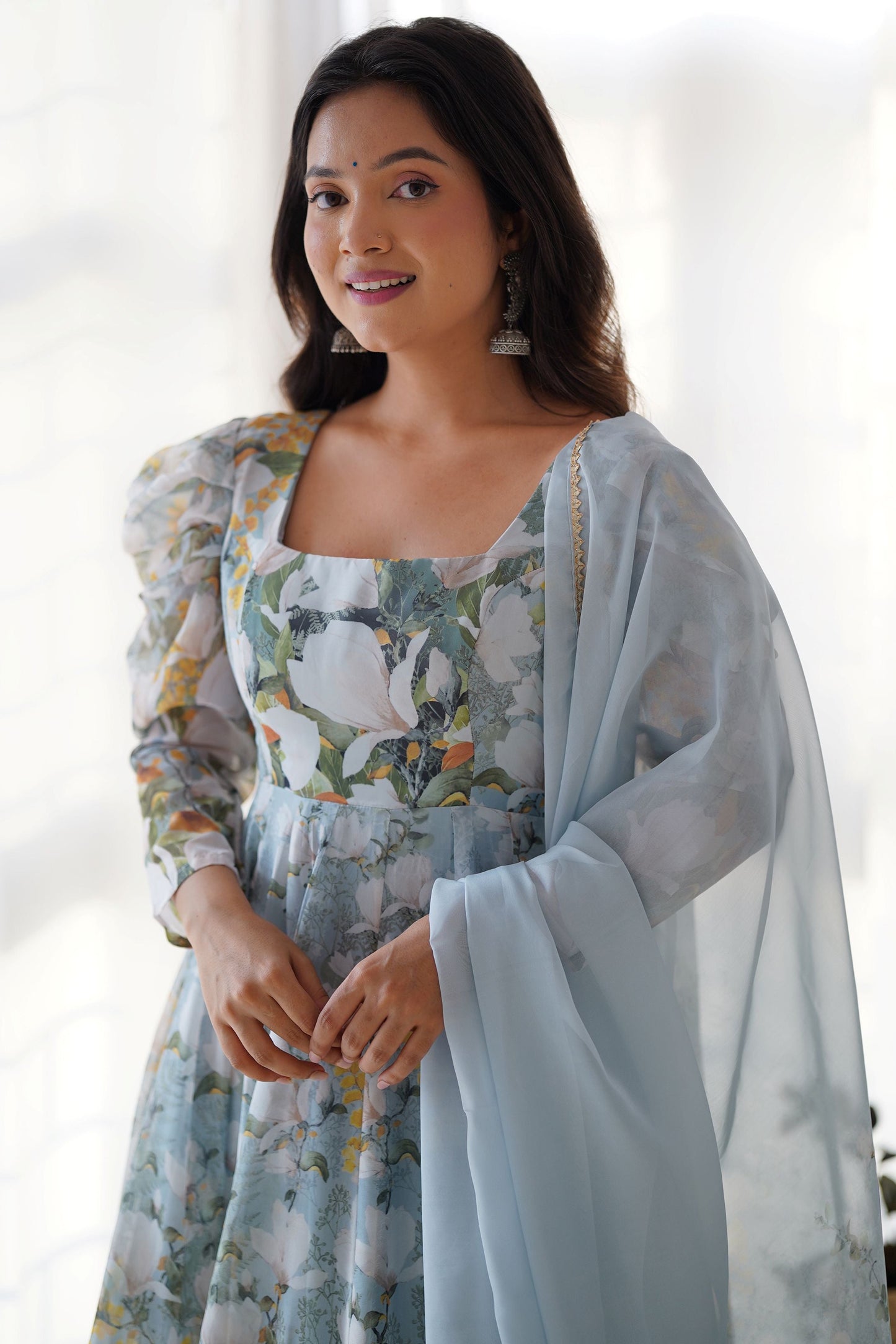 Beautiful Blue Floral Printed Organza Casual Wear Anarkali Suit