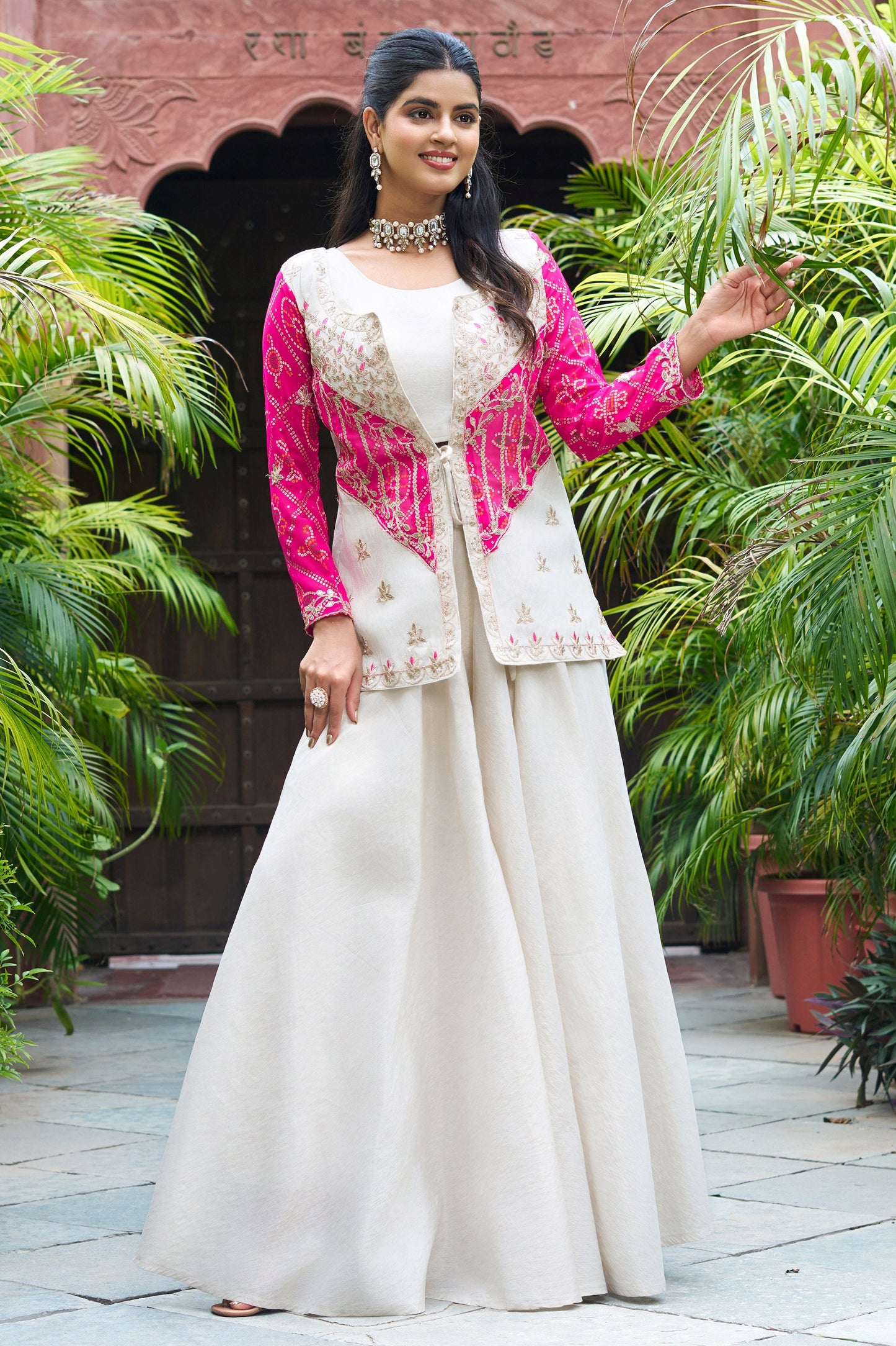 Attractive Pink Thread Work Organza Crop Top Palazzo With Jacket