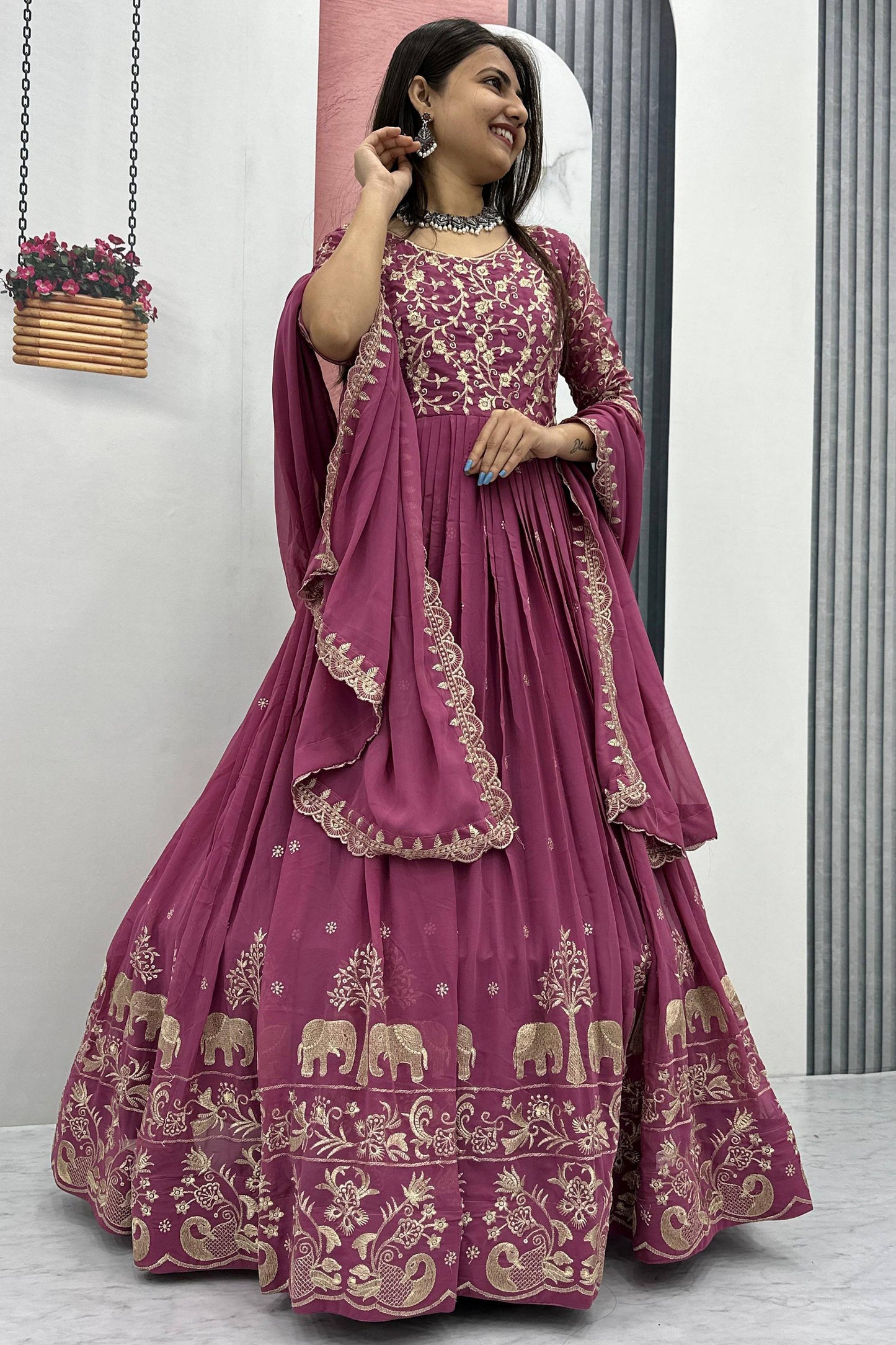 Awesome Pink Thread Embroidered Georgette Engagement Wear Gown
