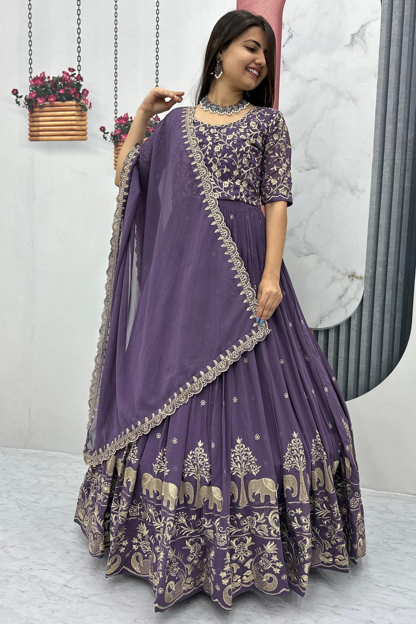 Amazing Purple Sequins Georgette Reception Wear Gown With Dupatta