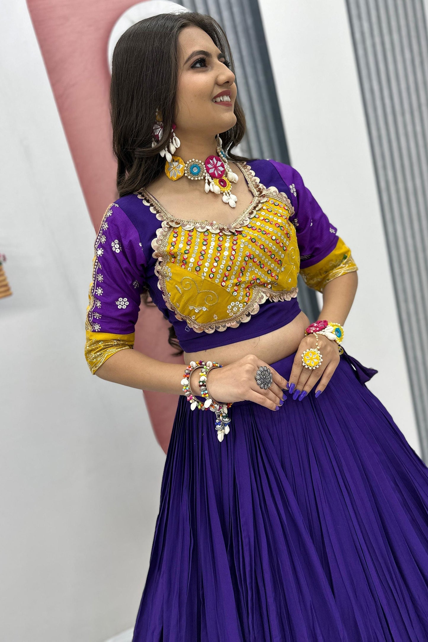 Enchanting Purple Sequins Cotton Navratri Special Lehenga Choli