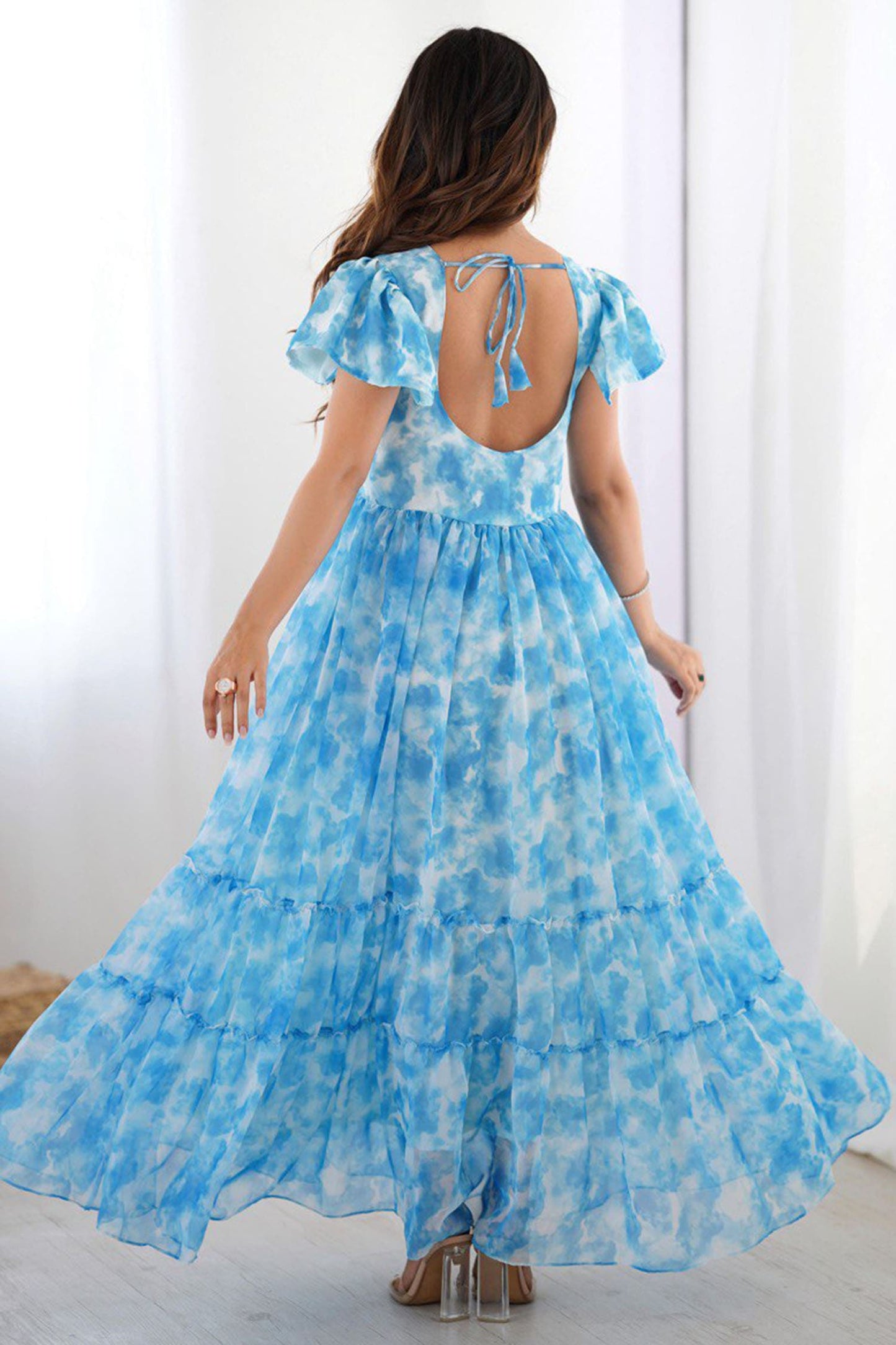 Awesome Sky-Blue Printed Georgette Casual Wear Dress